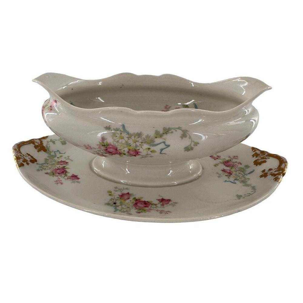 Vtg Theo Haviland Limoges Gold Rose Gravy Boat Underplate Discontinued Victorian